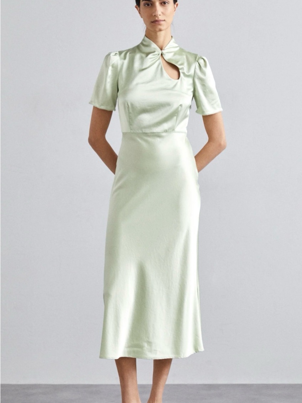 Sandro Satin Keyhole Midi Dress in Pale Green size 10 or 42